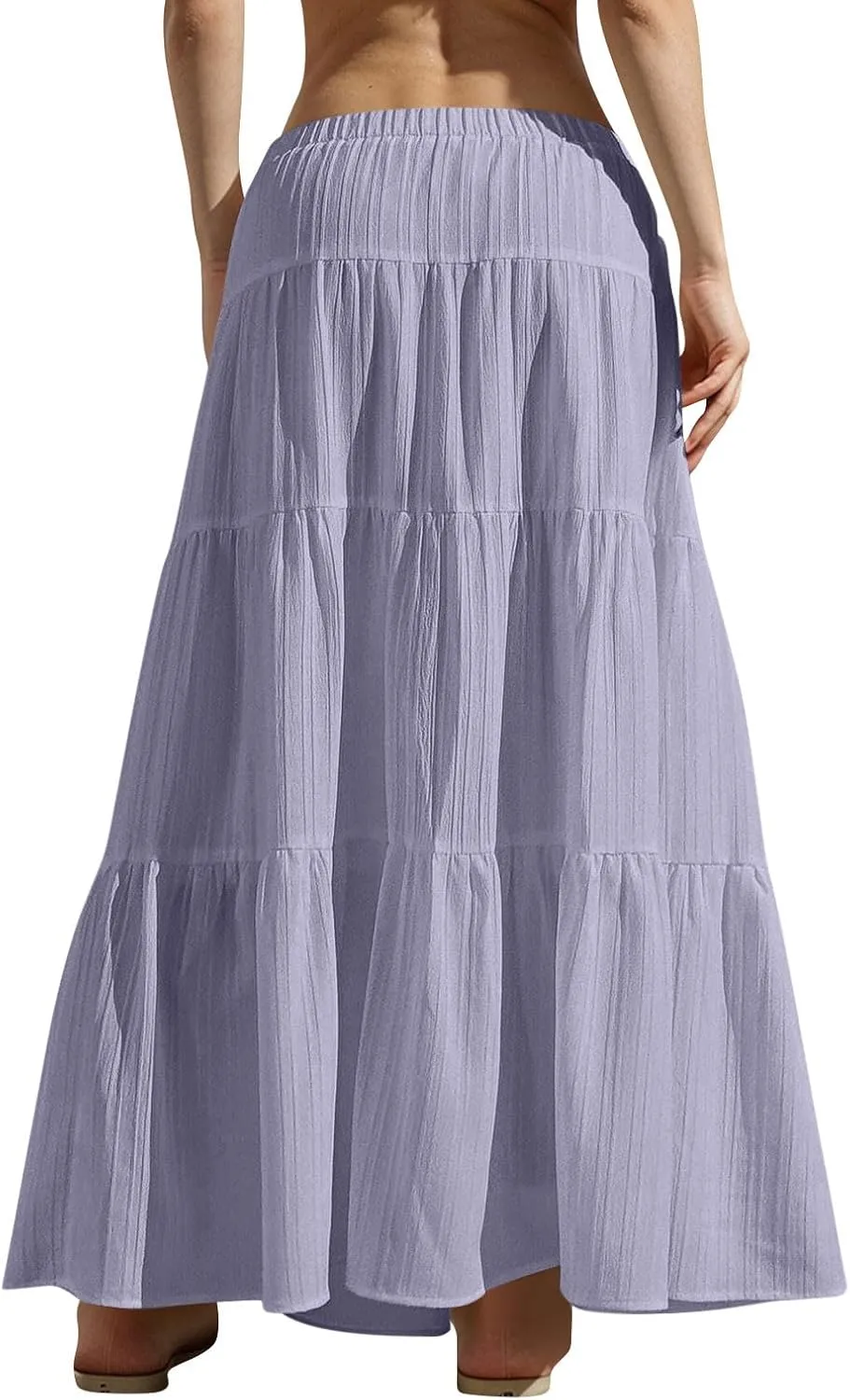Sinzelimin Women's Maxi Skirts Fashion Solid Color Lace up Elastic Waist Pleated Dresses Boho Swing Tiered A-Line Skirt Skort