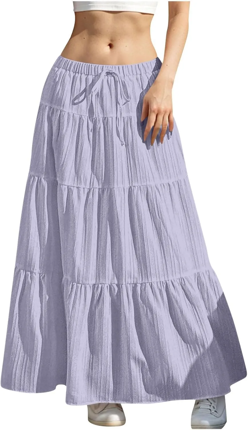 Sinzelimin Women's Maxi Skirts Fashion Solid Color Lace up Elastic Waist Pleated Dresses Boho Swing Tiered A-Line Skirt Skort