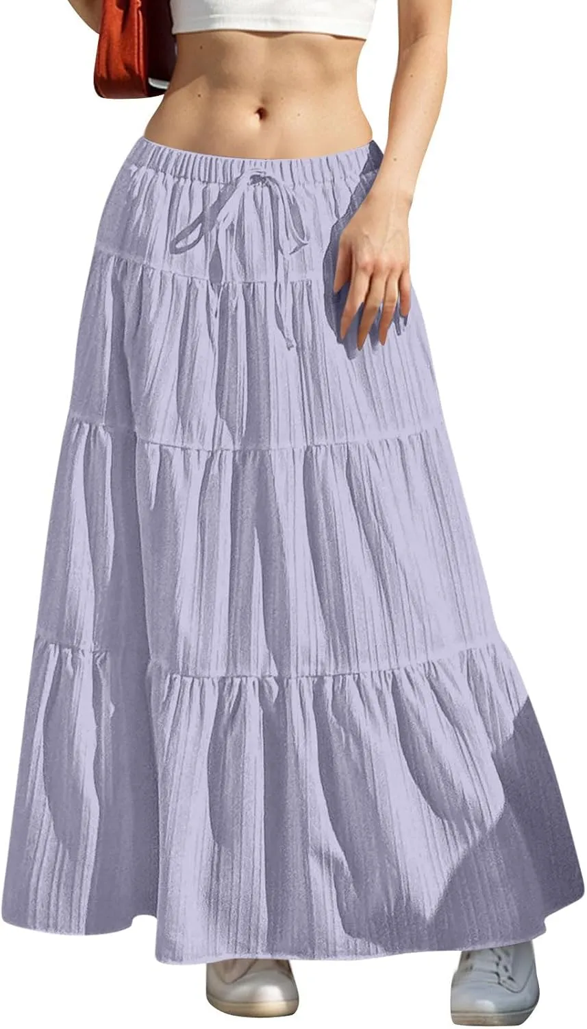 Sinzelimin Women's Maxi Skirts Fashion Solid Color Lace up Elastic Waist Pleated Dresses Boho Swing Tiered A-Line Skirt Skort