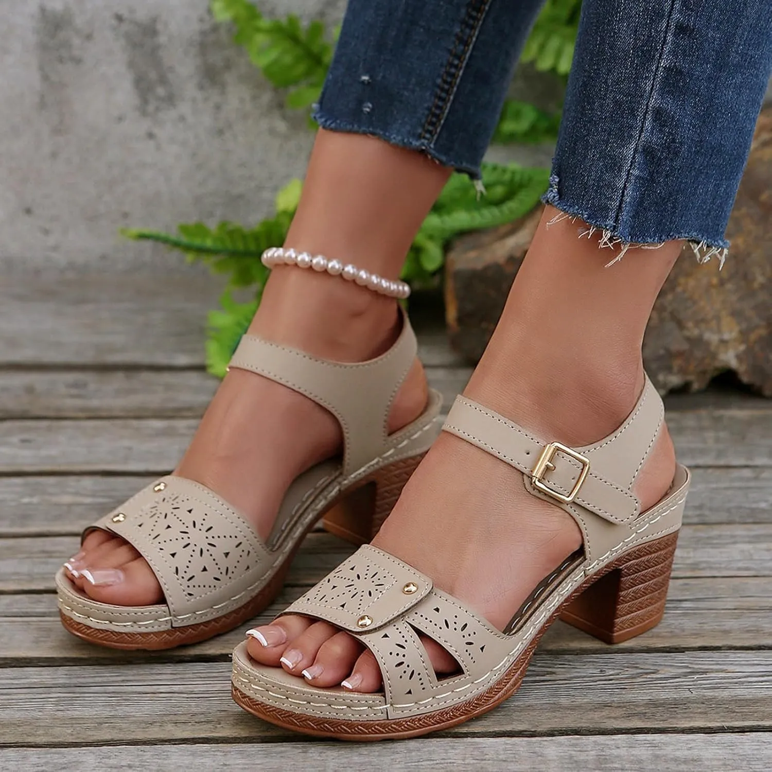 Slingback Heels for Women Chunky High Heels Sandals Adjustable Ankle Strap Buckle Sandals Hollow Out Open Toe Shoes Fashion Summer Breathable Dress Shoes Bohemian Beach Vacation Slingback