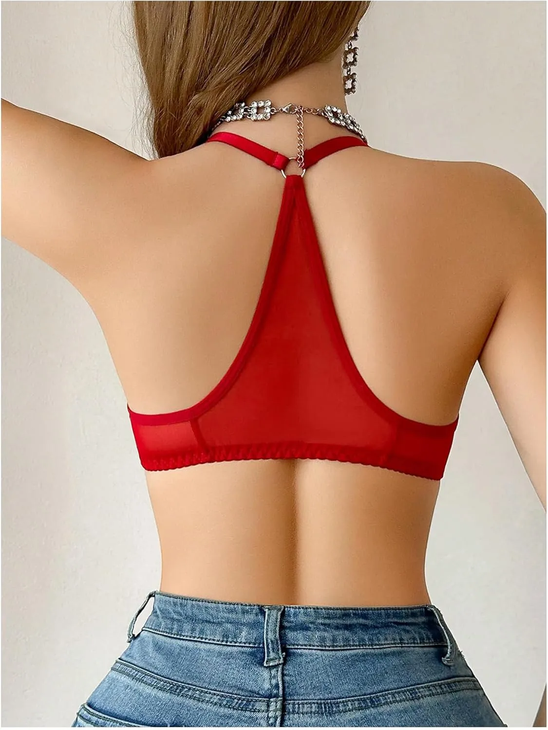 SOLY HUX Women's Sheer Mesh Front Closure Bra Deep V Neck Wireless Push Up Lingerie Bralettes