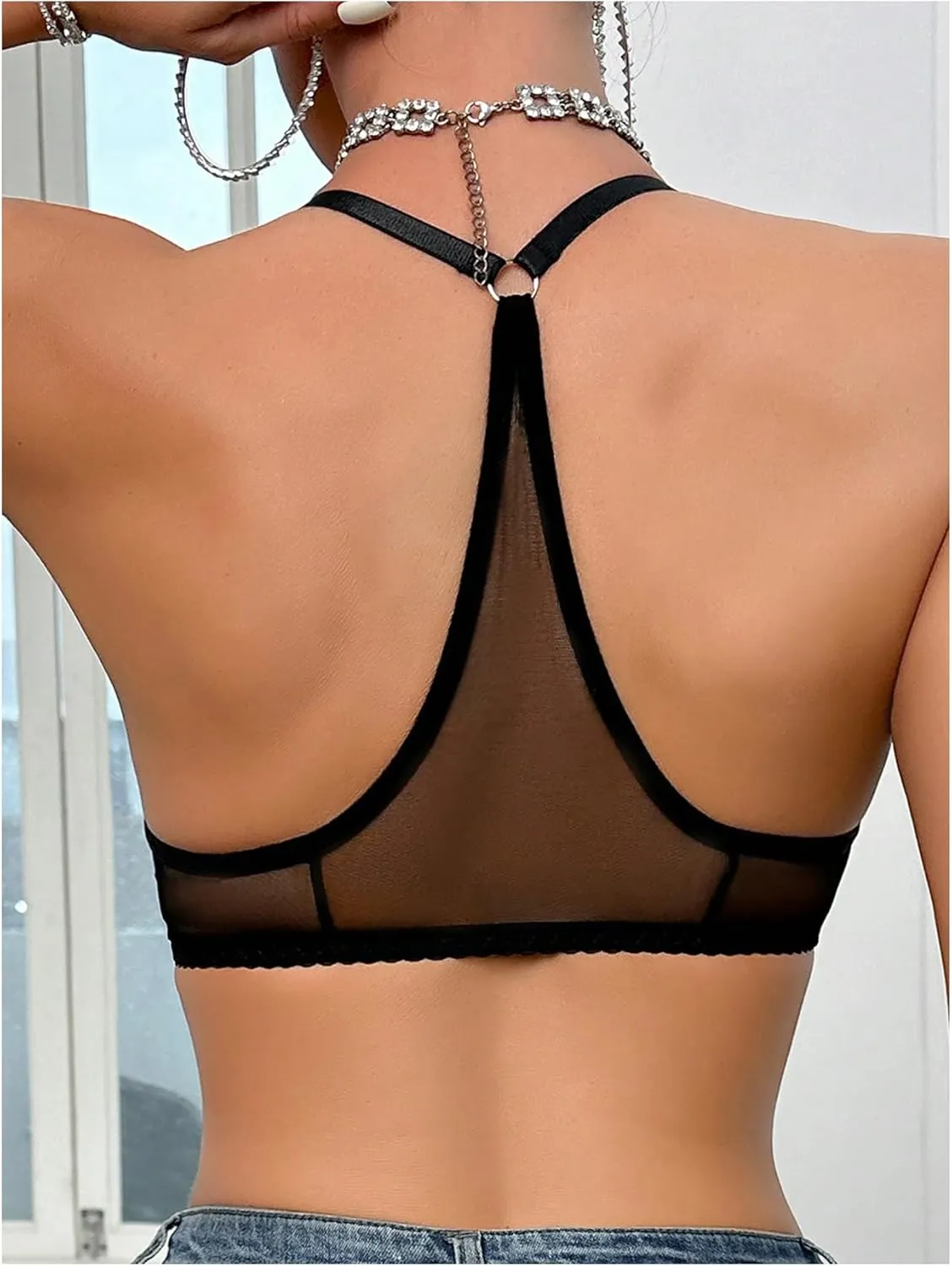 SOLY HUX Women's Sheer Mesh Front Closure Bra Deep V Neck Wireless Push Up Lingerie Bralettes