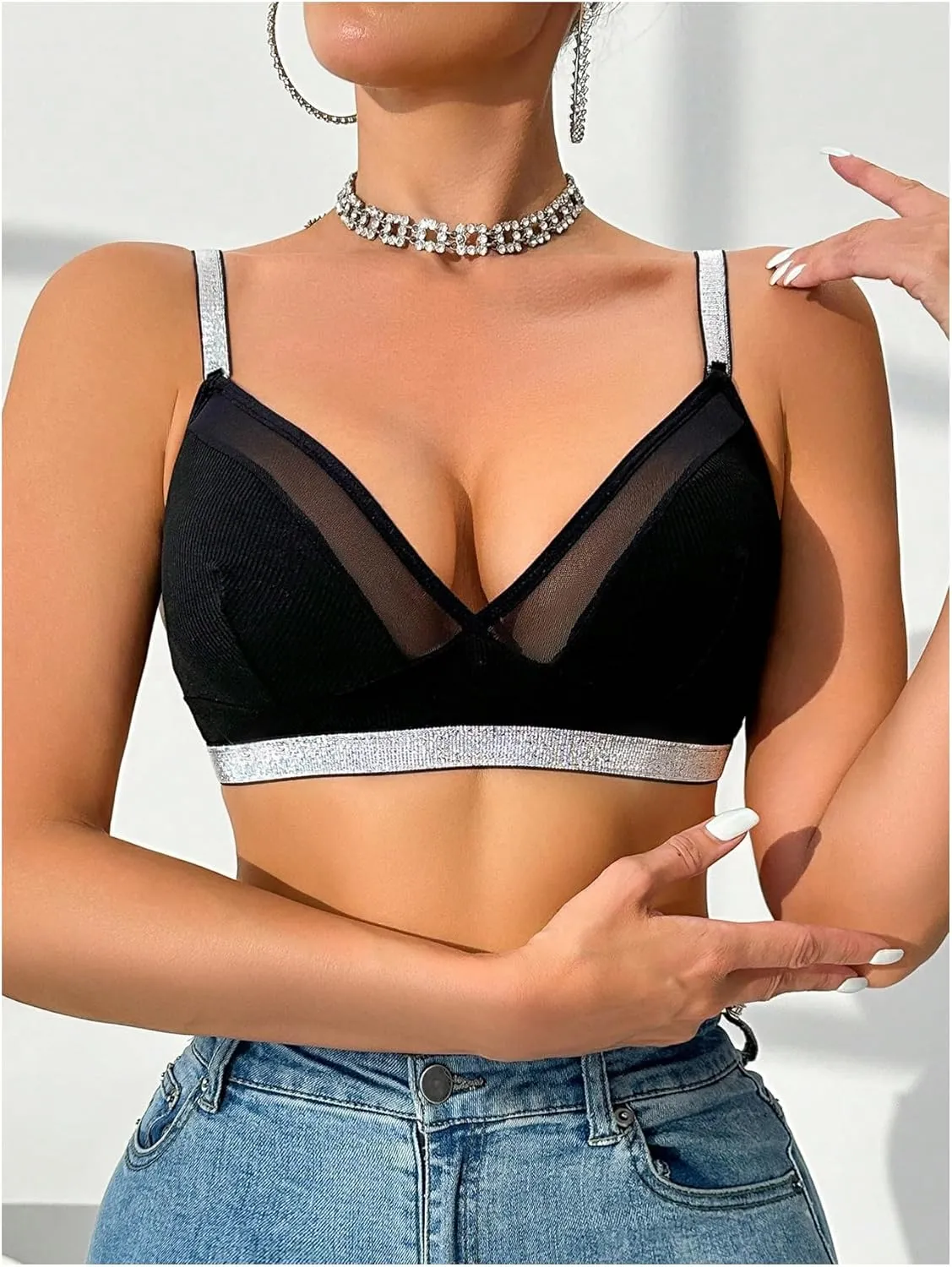 SOLY HUX Women's Sparkly Mesh Sheer Bralette Deep V Neck Sheer Wireless Bra