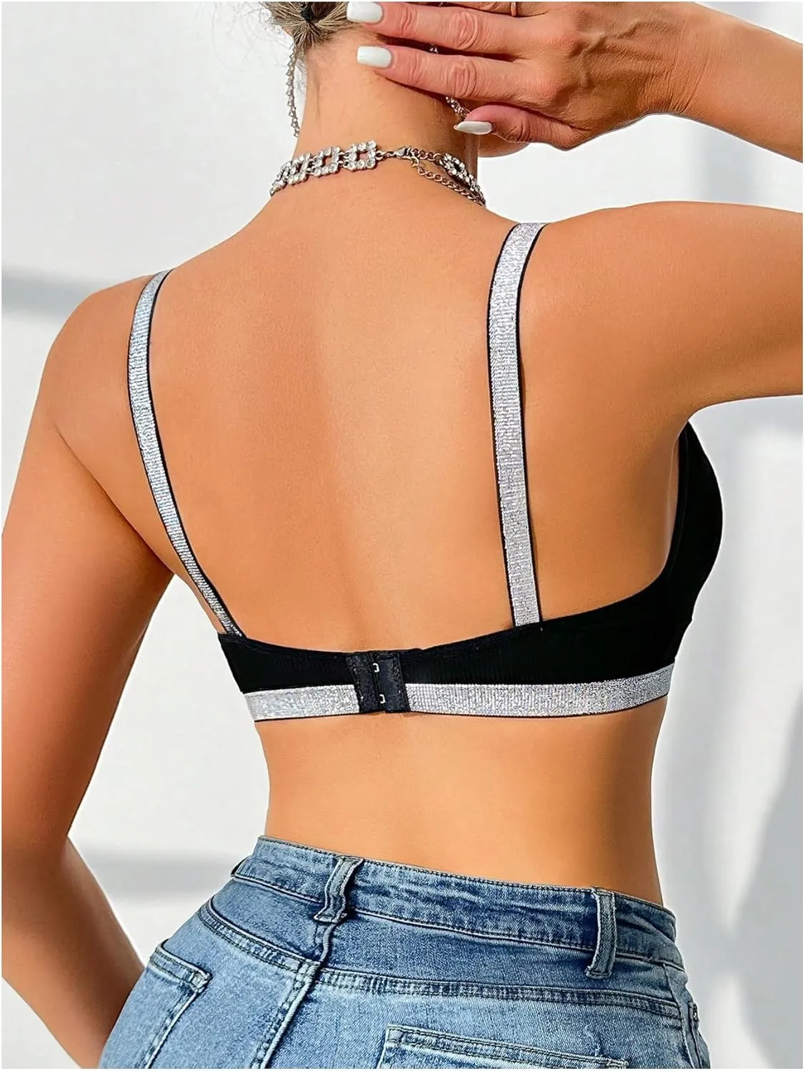 SOLY HUX Women's Sparkly Mesh Sheer Bralette Deep V Neck Sheer Wireless Bra