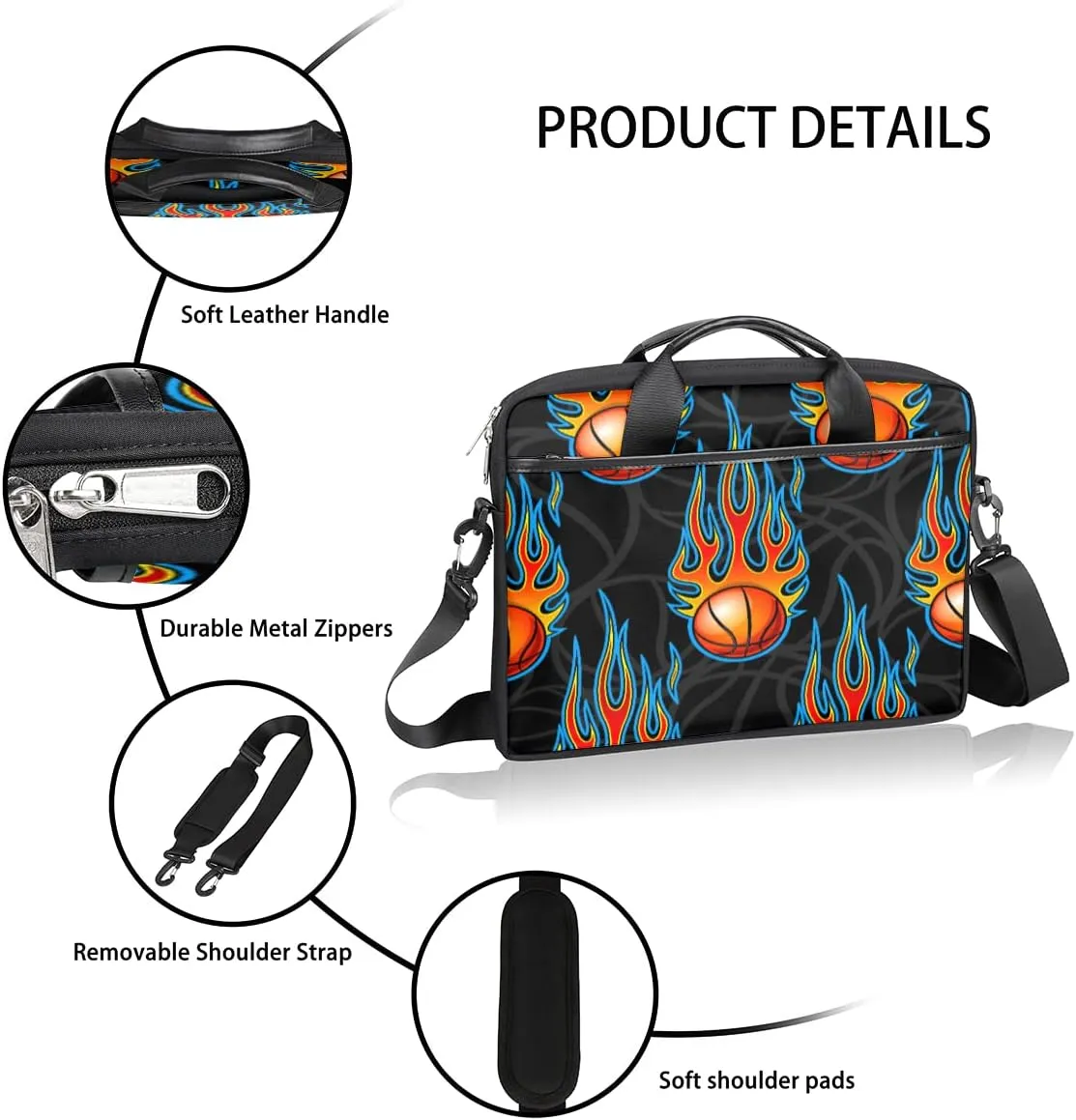 Sport Fire Basketball Laptop Shoulder Messenger Bag Waterproof Laptop Briefcase with Handle and Padded Strap Case Sleeve