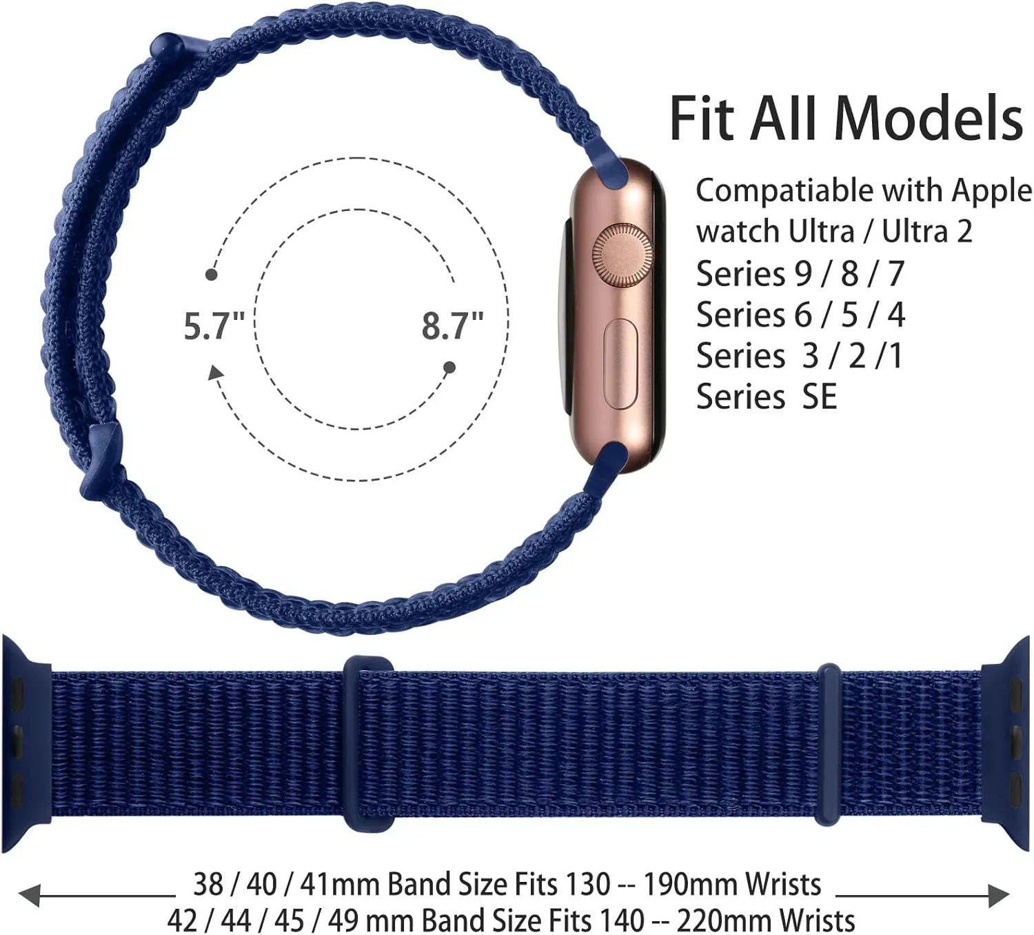 Sport Nylon Loop Strap Compatible with Apple Watch Bands 38/40/41/42/44/45/46/49mm, for Women Menfor IWatch Series SE 10/9/8/7/6/5/4/3 Ultra