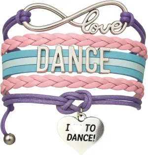 Sportybella Dance Accessories  Love Infinity Bracelet for Girls, Teens  Adjustable Pink, Purple, Teal, and Light Blue Braided Leather with Dance Letter Bar and Heart Charm  Gift for Dancers