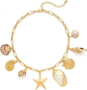 Summer Charms Necklace for Women Conch Seashell Starfish Pendant Choker Necklace Fashion Boho Beach Ocean Jewelry
