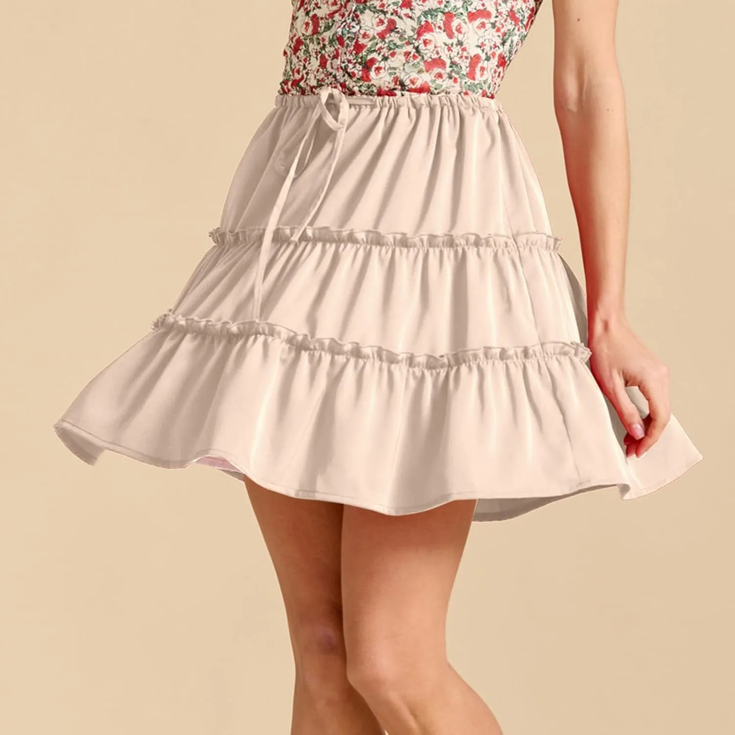 Summer Skirts for Women Cotton Ruffle Elastic Waist A-Line Casual Short Skirt Vacation Cute Midi Skorts