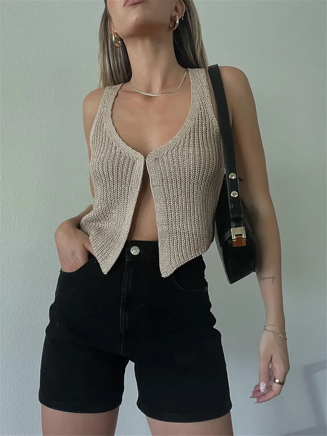 Sunloudy Knit Vest Tops for Women Sleeveless V Neck Button Down Sweater Vest Solid Color Crochet Tank Tops Streetwear