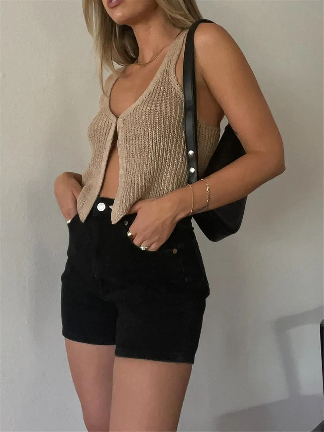 Sunloudy Knit Vest Tops for Women Sleeveless V Neck Button Down Sweater Vest Solid Color Crochet Tank Tops Streetwear