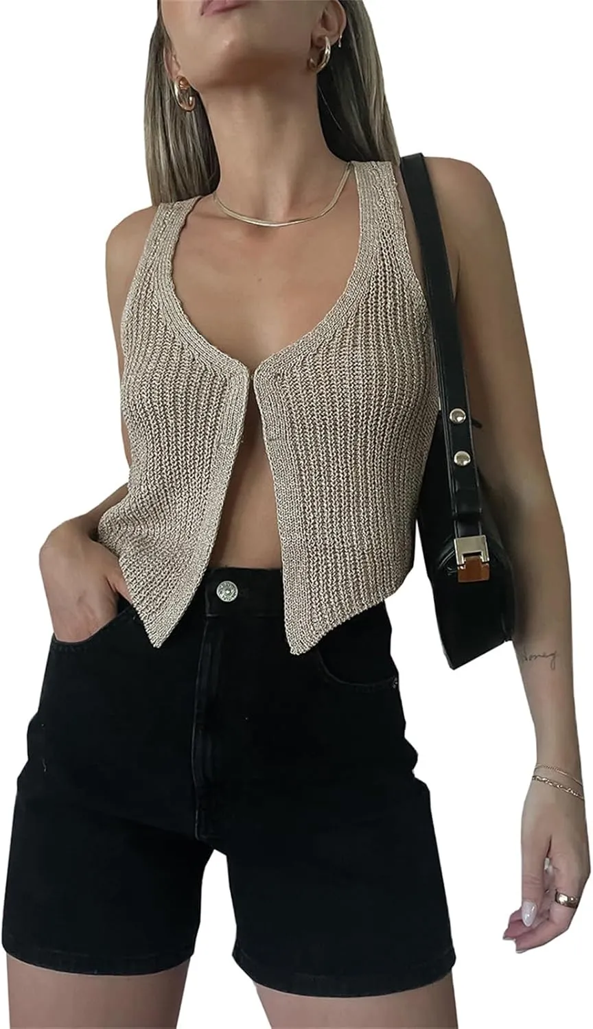 Sunloudy Knit Vest Tops for Women Sleeveless V Neck Button Down Sweater Vest Solid Color Crochet Tank Tops Streetwear