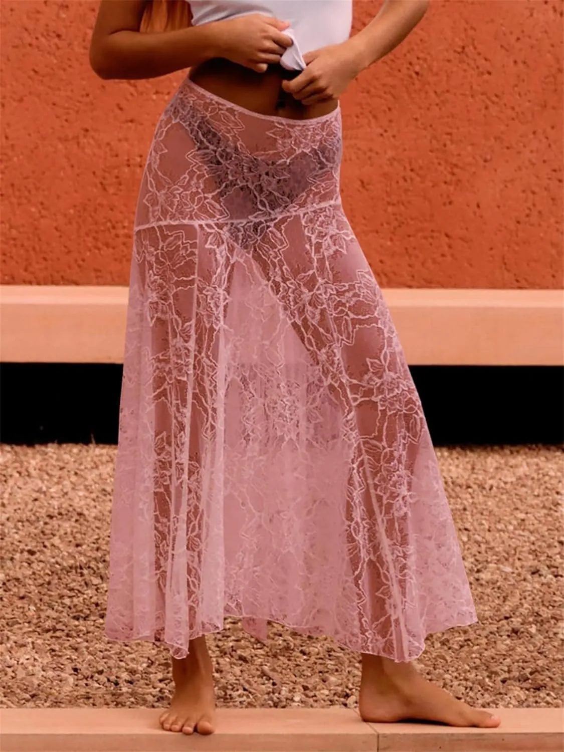 Sunloudy Women Floral Lace Sheer Maxi Skirt Y2k Mesh See Through Long Skirt Sexy Beach Cover up Bodycon Skirts