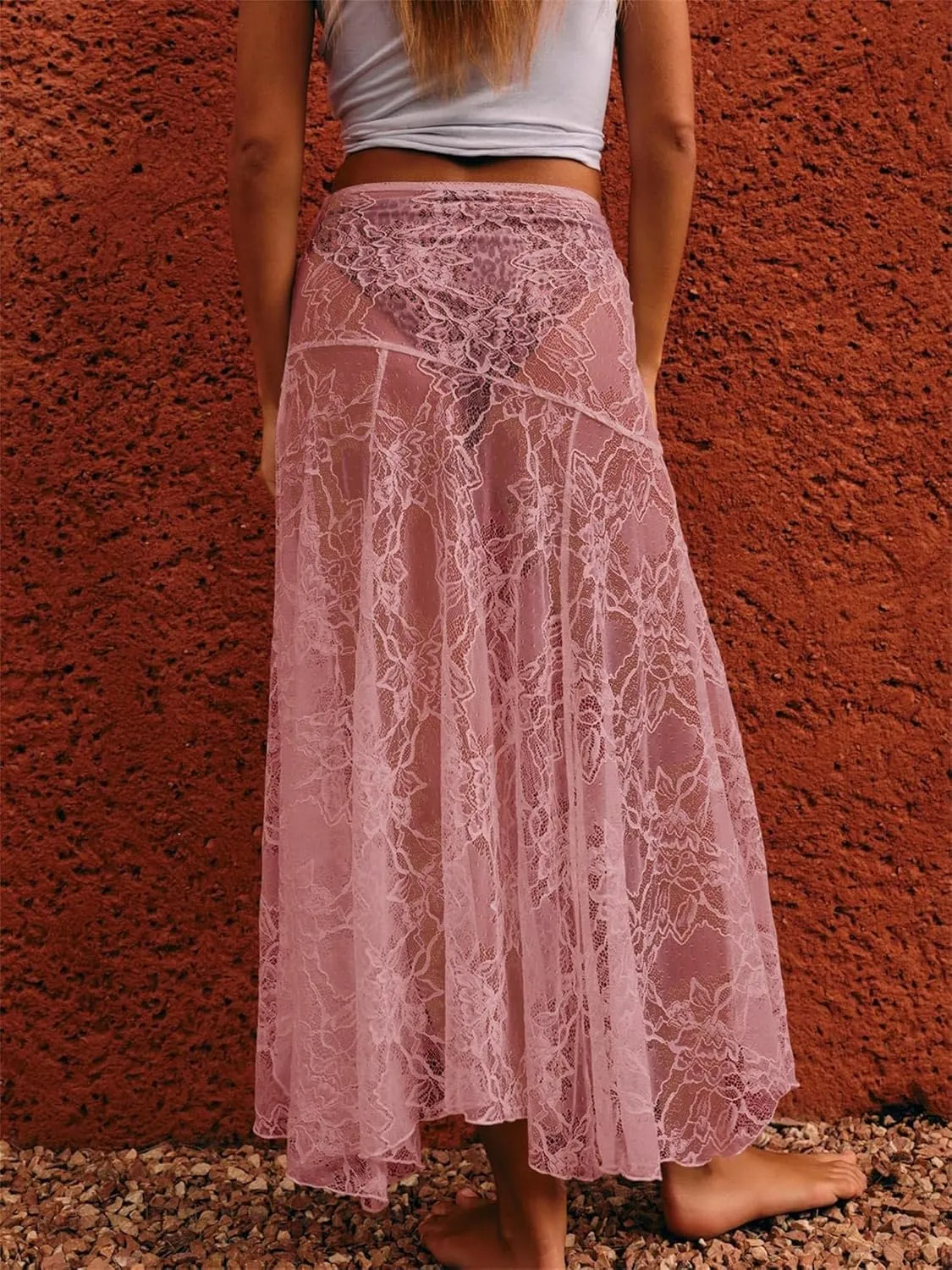 Sunloudy Women Floral Lace Sheer Maxi Skirt Y2k Mesh See Through Long Skirt Sexy Beach Cover up Bodycon Skirts