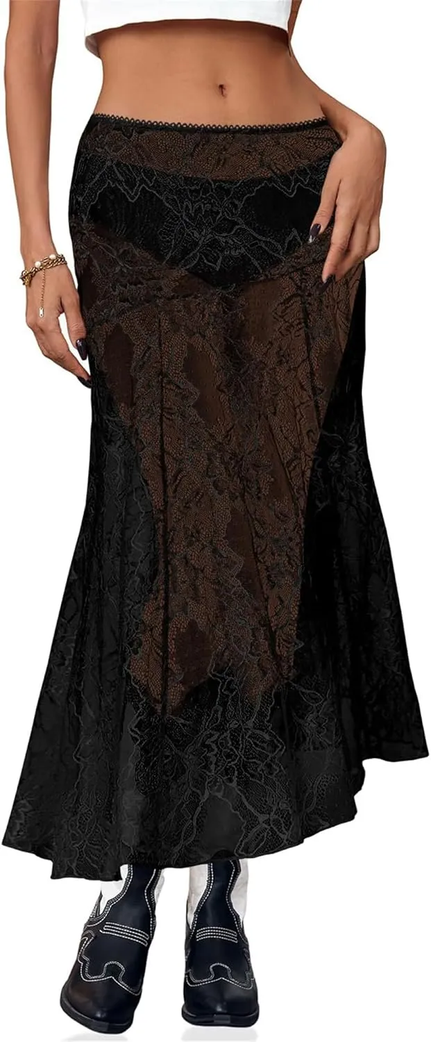 Sunloudy Women Floral Lace Sheer Maxi Skirt Y2k Mesh See Through Long Skirt Sexy Beach Cover up Bodycon Skirts