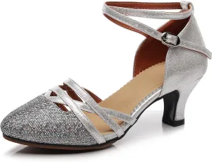 SWDZM Closed Toe Latin Dance Shoes Glitter Women Latin Dance Shoes Closed Toe Ballroom Dancing Shoes