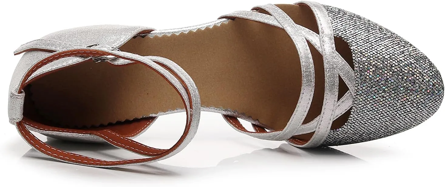 SWDZM Closed Toe Latin Dance Shoes Glitter Women Latin Dance Shoes Closed Toe Ballroom Dancing Shoes