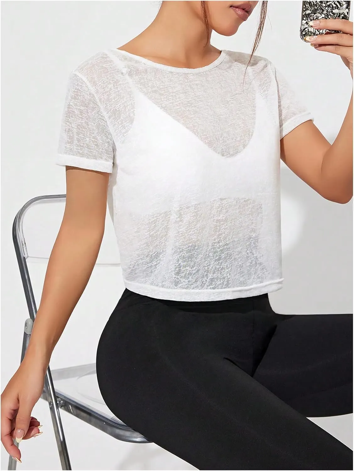 SweatyRocks Women's Twist Cutout Open Back Short Sleeve Sheer Mesh Workout T Shirts Smocked Crop Top
