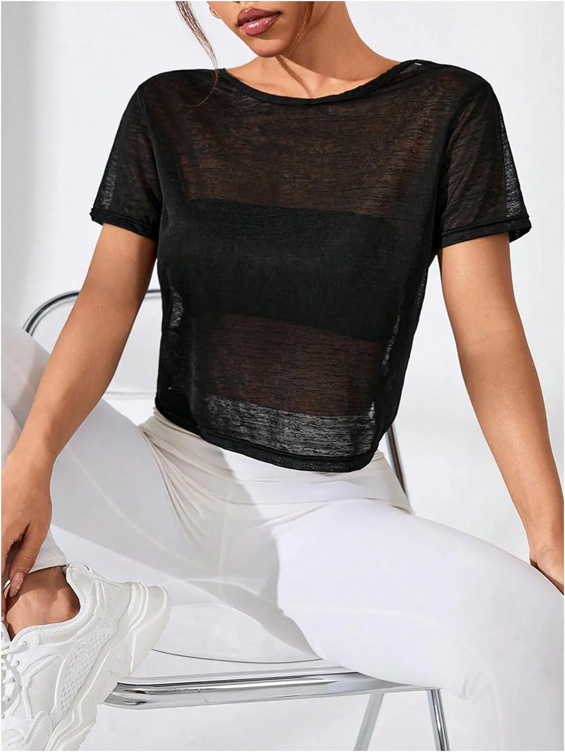 SweatyRocks Women's Twist Cutout Open Back Short Sleeve Sheer Mesh Workout T Shirts Smocked Crop Top