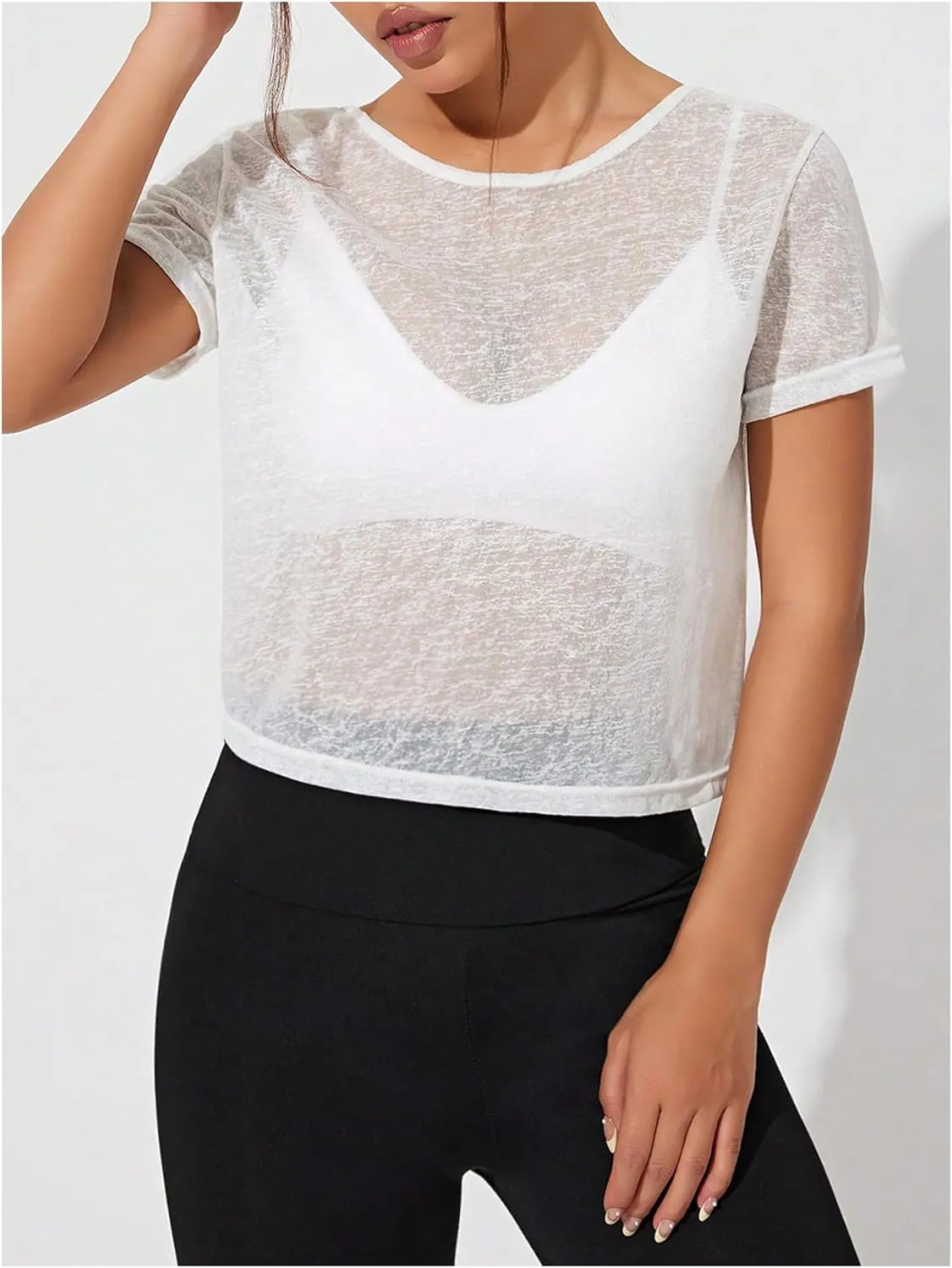 SweatyRocks Women's Twist Cutout Open Back Short Sleeve Sheer Mesh Workout T Shirts Smocked Crop Top