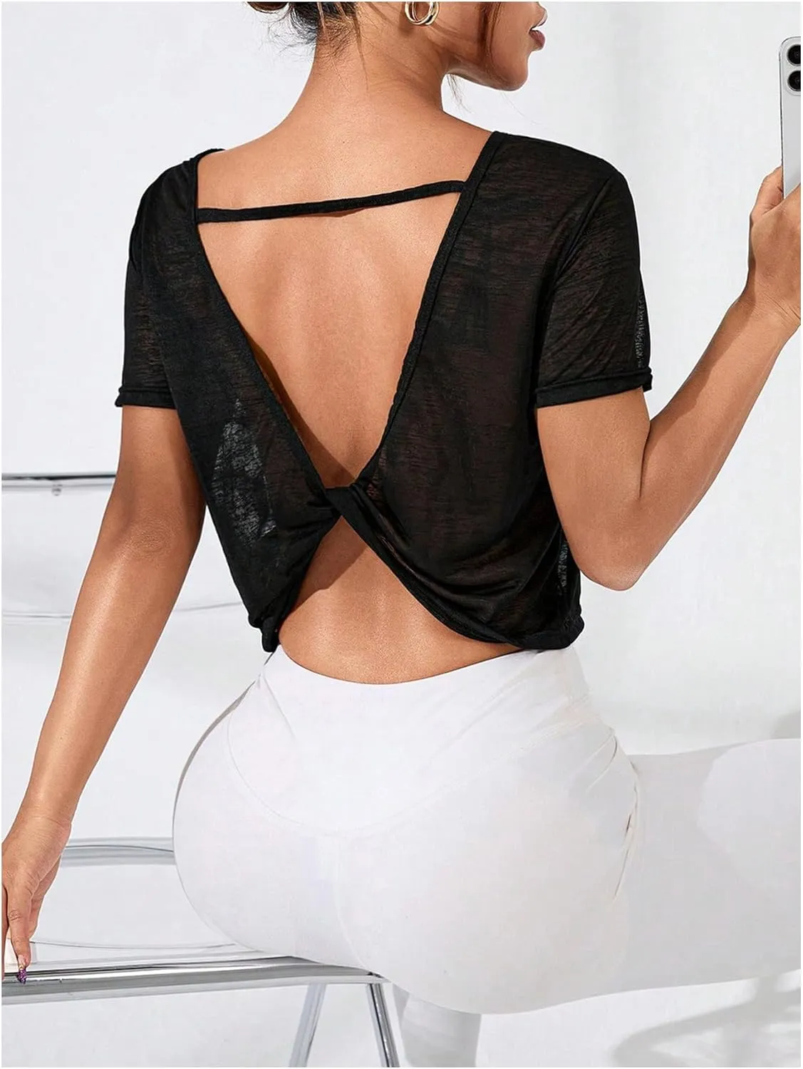 SweatyRocks Women's Twist Cutout Open Back Short Sleeve Sheer Mesh Workout T Shirts Smocked Crop Top