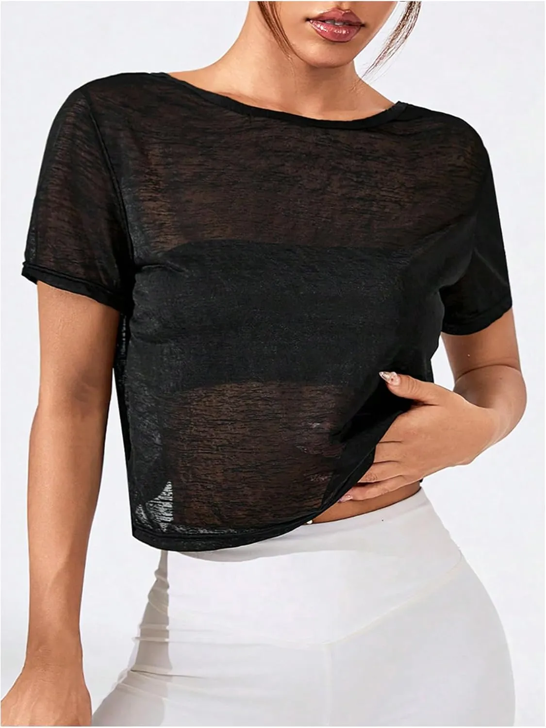 SweatyRocks Women's Twist Cutout Open Back Short Sleeve Sheer Mesh Workout T Shirts Smocked Crop Top