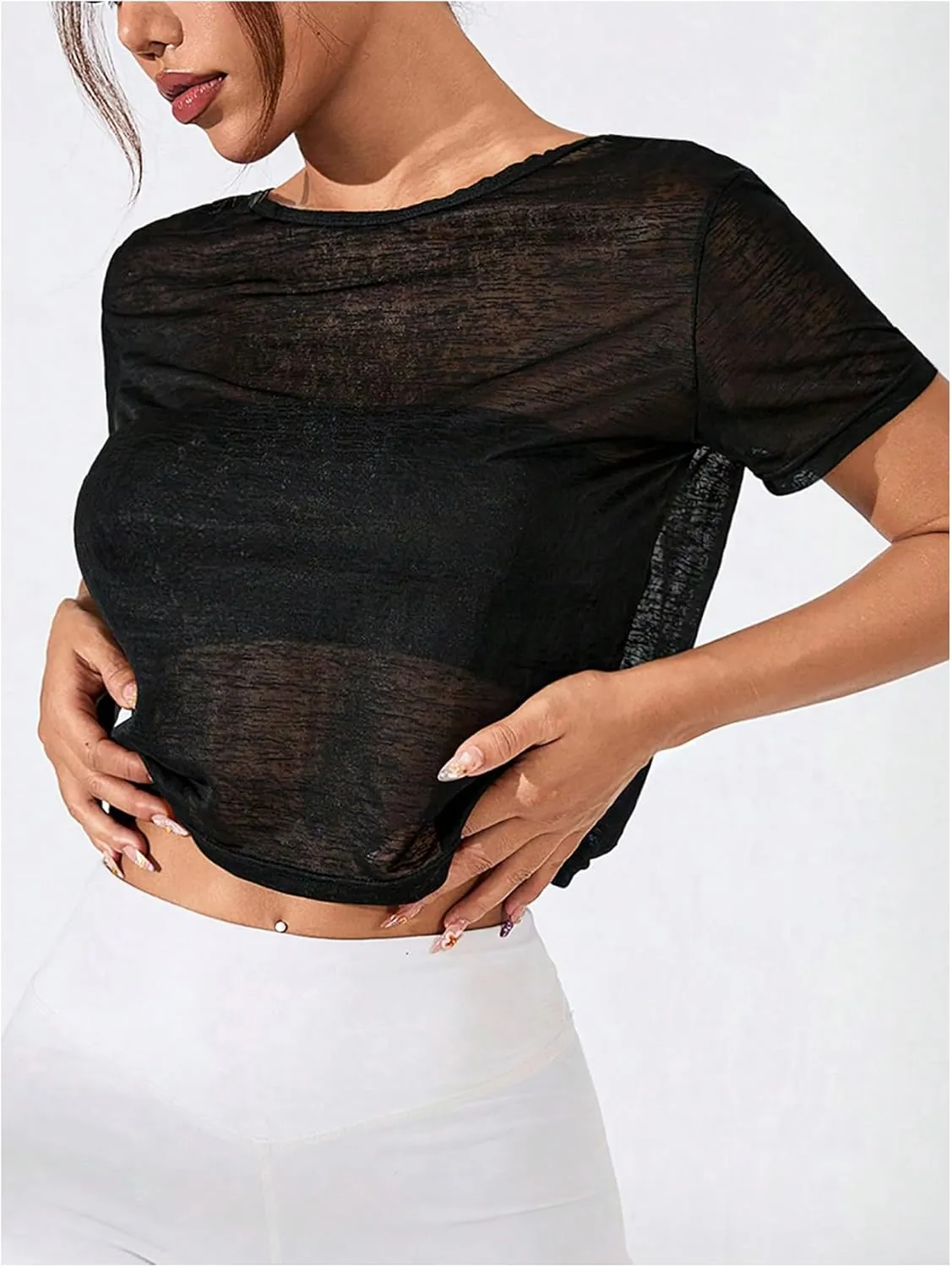 SweatyRocks Women's Twist Cutout Open Back Short Sleeve Sheer Mesh Workout T Shirts Smocked Crop Top