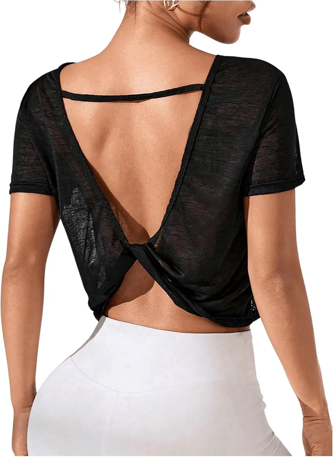 SweatyRocks Women's Twist Cutout Open Back Short Sleeve Sheer Mesh Workout T Shirts Smocked Crop Top