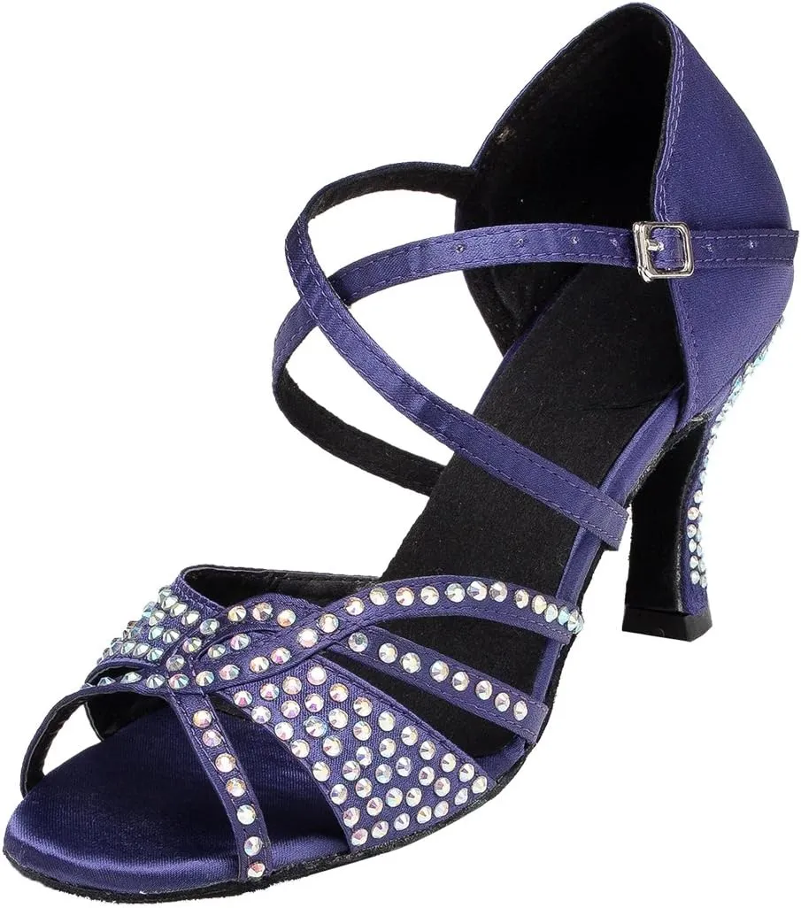 TDA Women's Ankle Strap Flared Heel Open Toe Crystals Satin Salsa Cha Cha Jazz Rumba Latin Dance Wedding Shoes