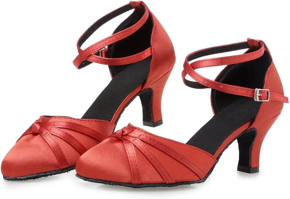 TDA Women's Closed Toe Cross-strap Knot Satin Salsa Tango Ballroom Latin Dance Shoes