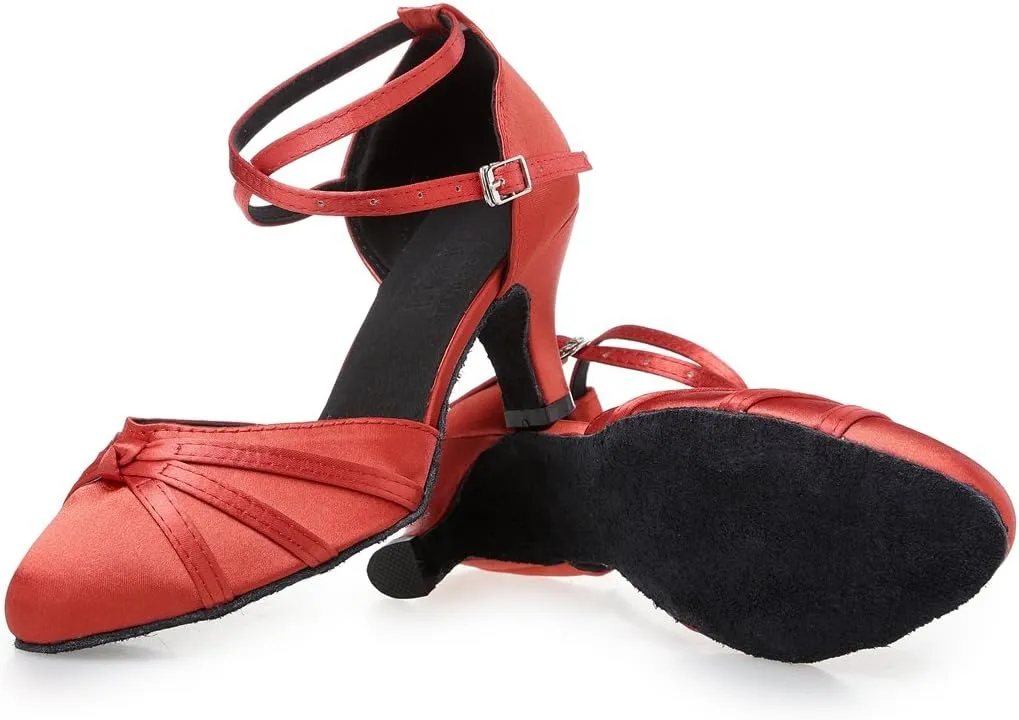 TDA Women's Closed Toe Cross-strap Knot Satin Salsa Tango Ballroom Latin Dance Shoes