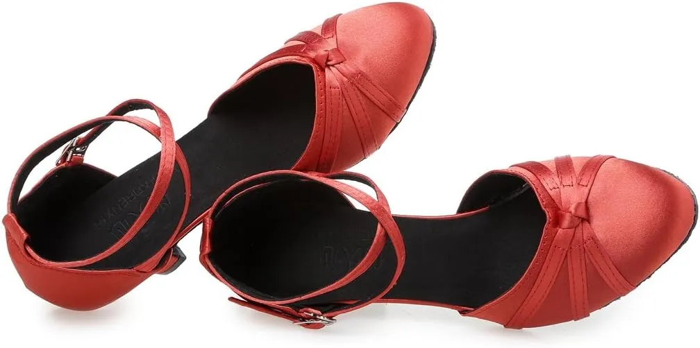 TDA Women's Closed Toe Cross-strap Knot Satin Salsa Tango Ballroom Latin Dance Shoes