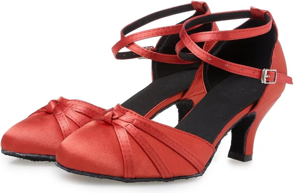 TDA Women's Closed Toe Cross-strap Knot Satin Salsa Tango Ballroom Latin Dance Shoes