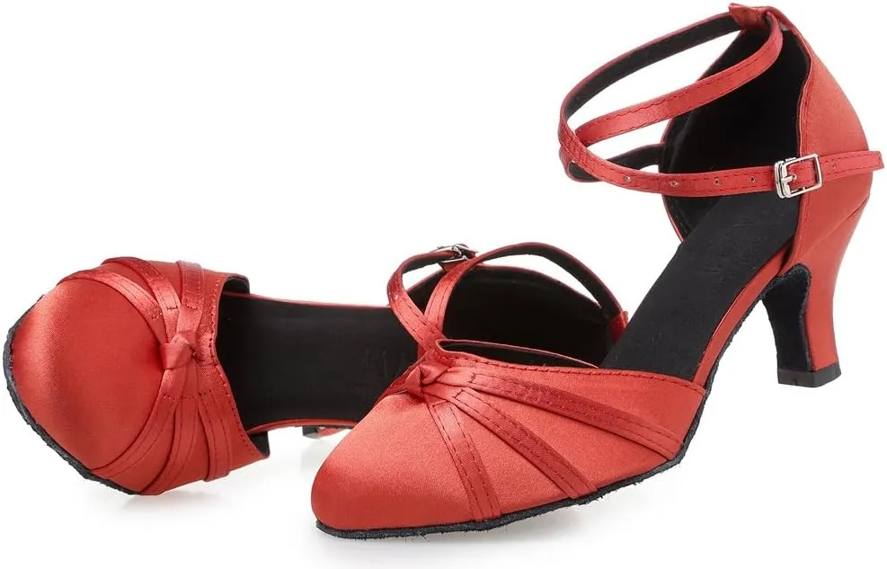 TDA Women's Closed Toe Cross-strap Knot Satin Salsa Tango Ballroom Latin Dance Shoes