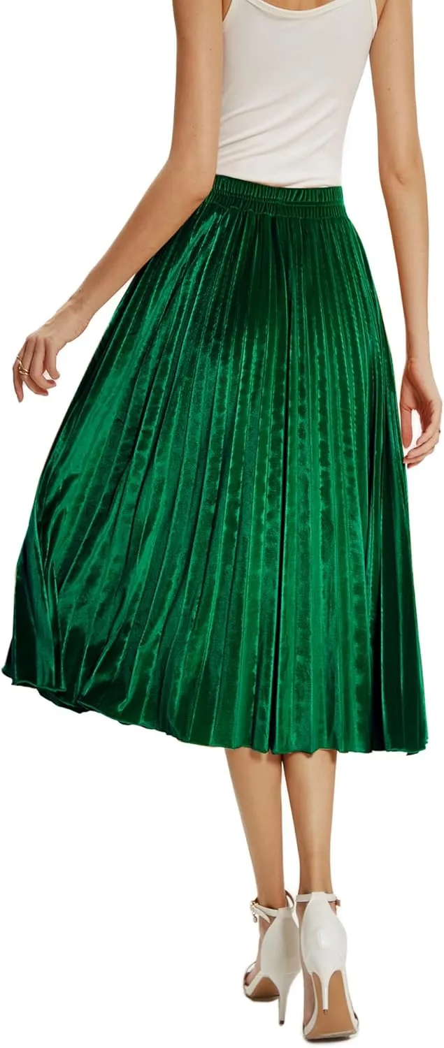 TONCHENGSD Women's High Elastic Waist Velvet Midi Long Pleated Swing Ruffled Skirt