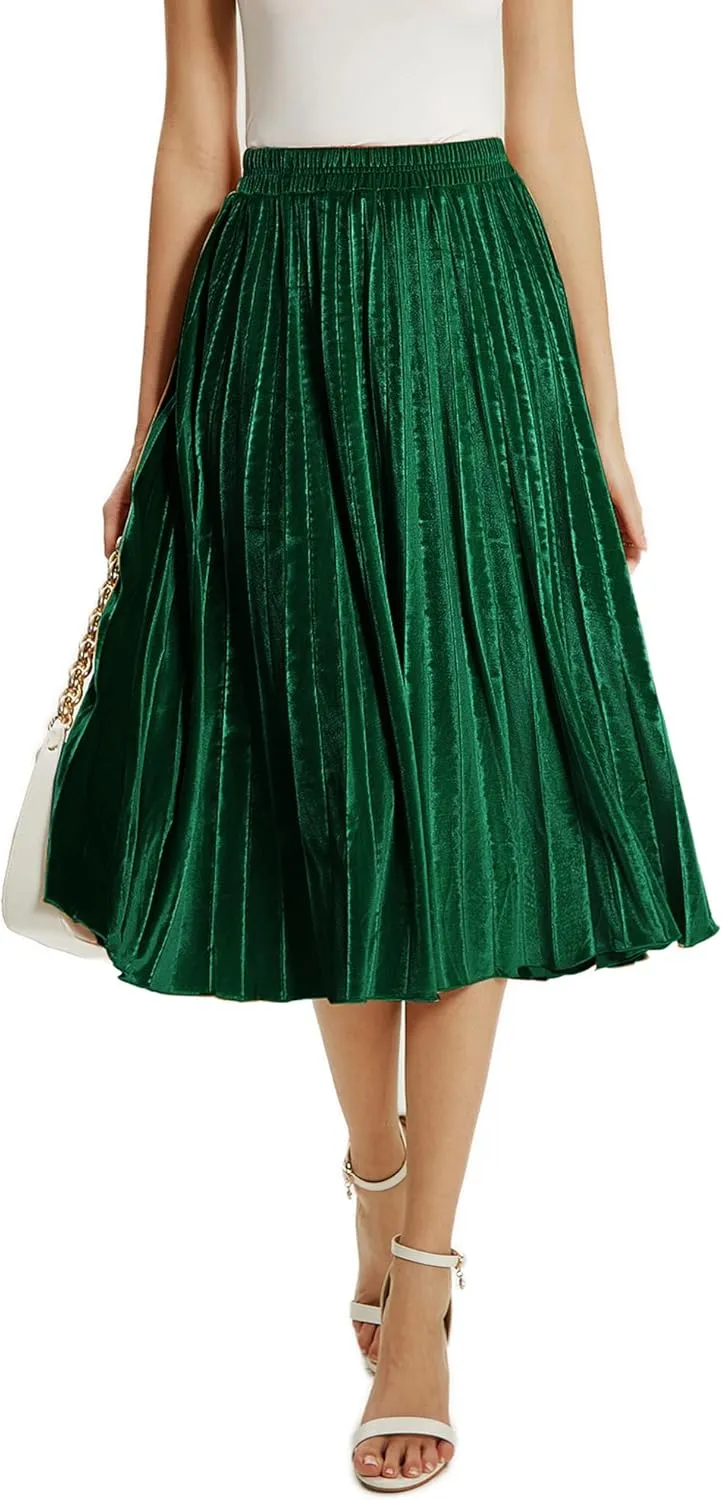TONCHENGSD Women's High Elastic Waist Velvet Midi Long Pleated Swing Ruffled Skirt