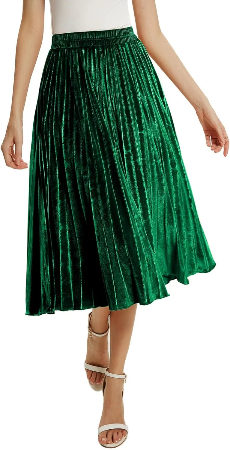 TONCHENGSD Women's High Elastic Waist Velvet Midi Long Pleated Swing Ruffled Skirt