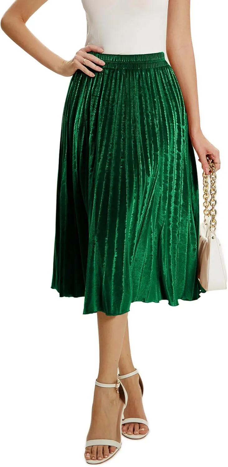 TONCHENGSD Women's High Elastic Waist Velvet Midi Long Pleated Swing Ruffled Skirt