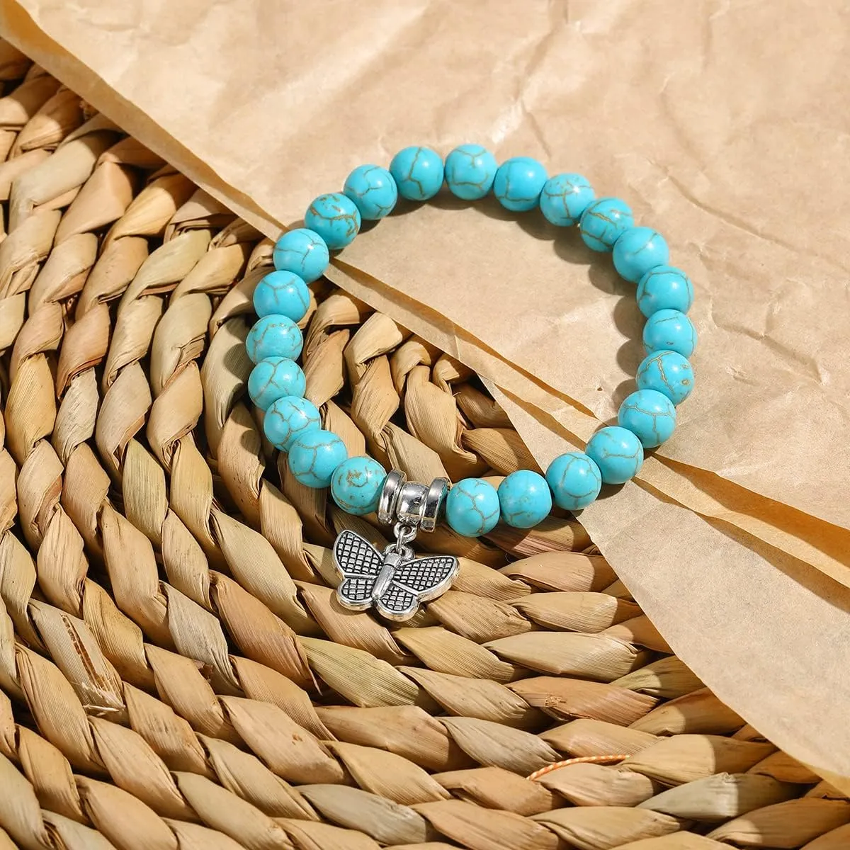Turquoise Bracelet for Women,Healing Crystal Stone Stretch Round Bead Bracelets for Women Men Jewelry