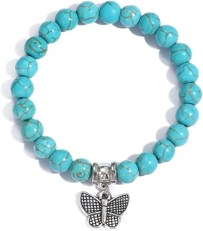 Turquoise Bracelet for Women,Healing Crystal Stone Stretch Round Bead Bracelets for Women Men Jewelry