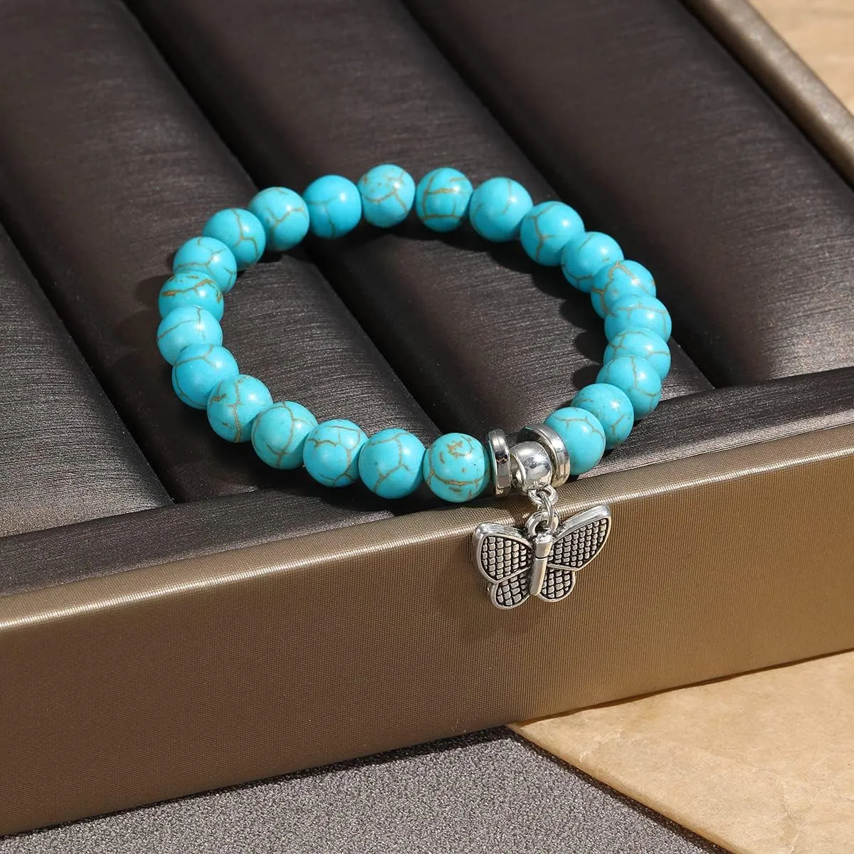 Turquoise Bracelet for Women,Healing Crystal Stone Stretch Round Bead Bracelets for Women Men Jewelry