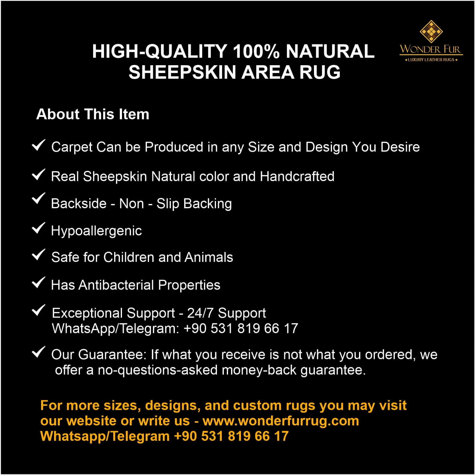 Unique Handmade Black White Natural Sheepskin, Office Soft Fluffy Rug