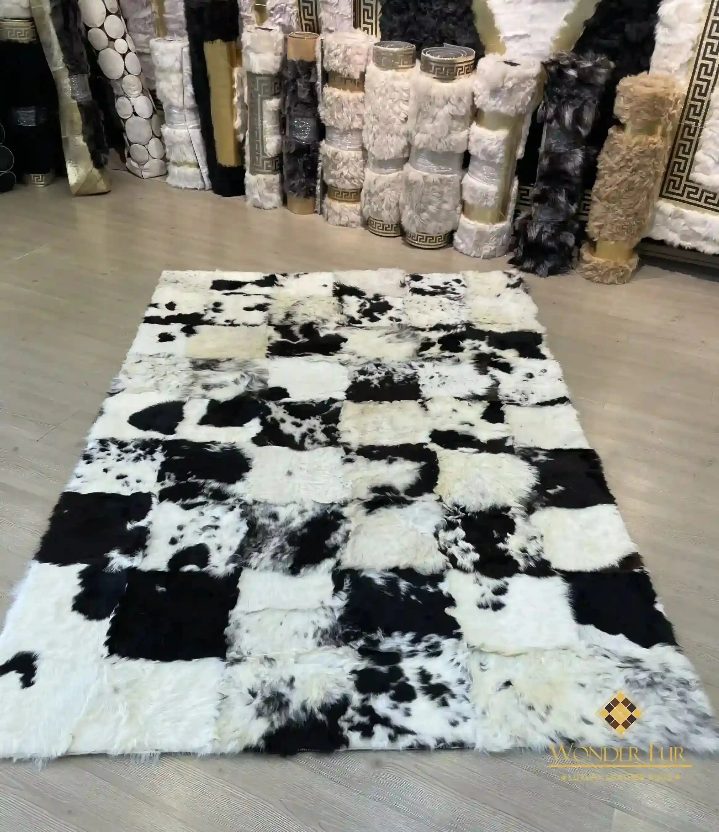 Unique Handmade Black White Natural Sheepskin, Office Soft Fluffy Rug