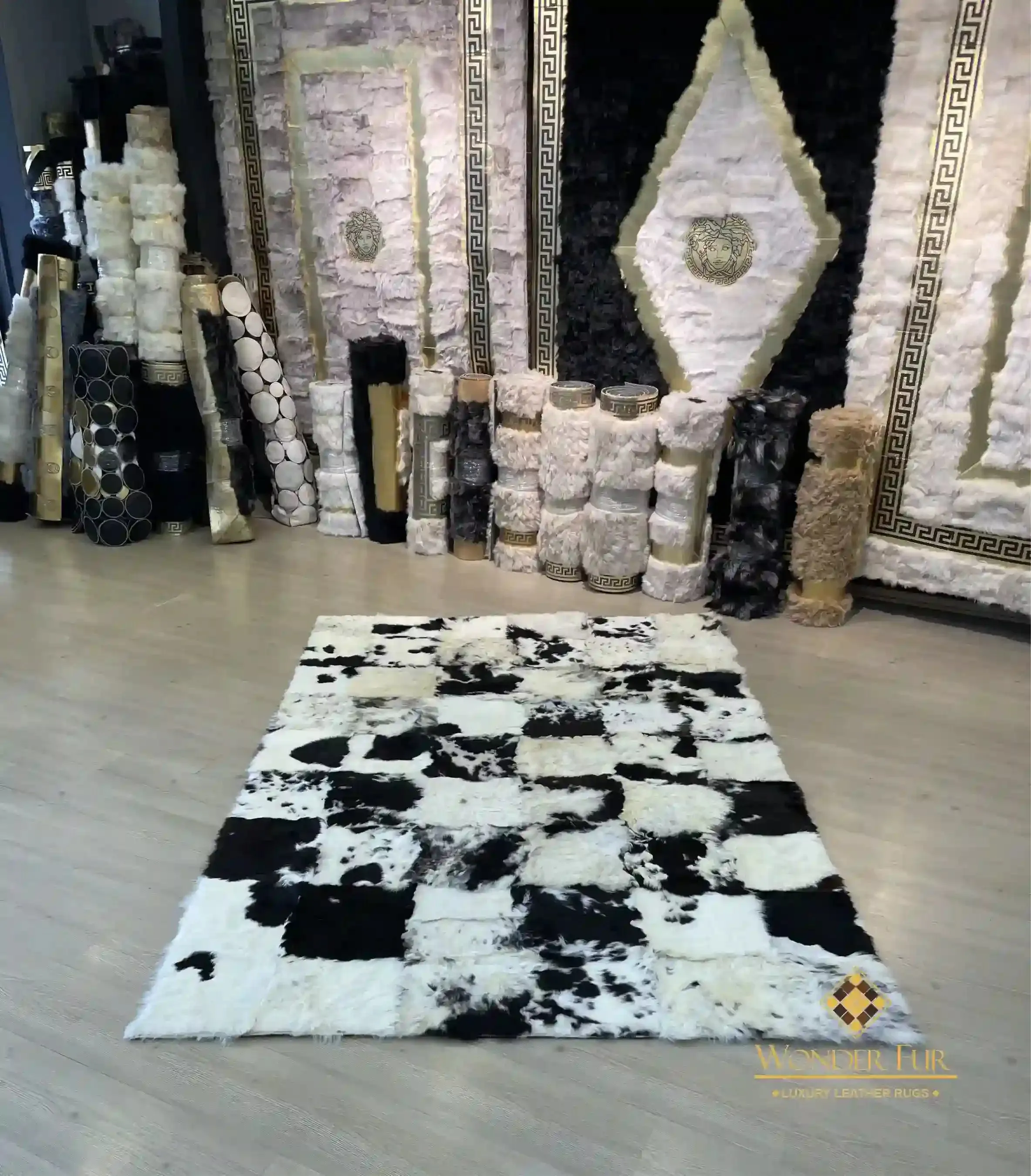 Unique Handmade Black White Natural Sheepskin, Office Soft Fluffy Rug