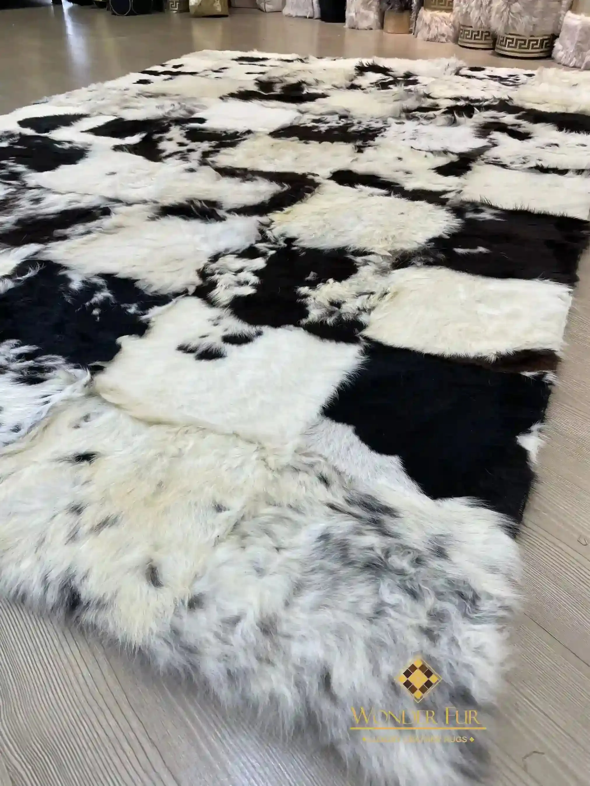 Unique Handmade Black White Natural Sheepskin, Office Soft Fluffy Rug