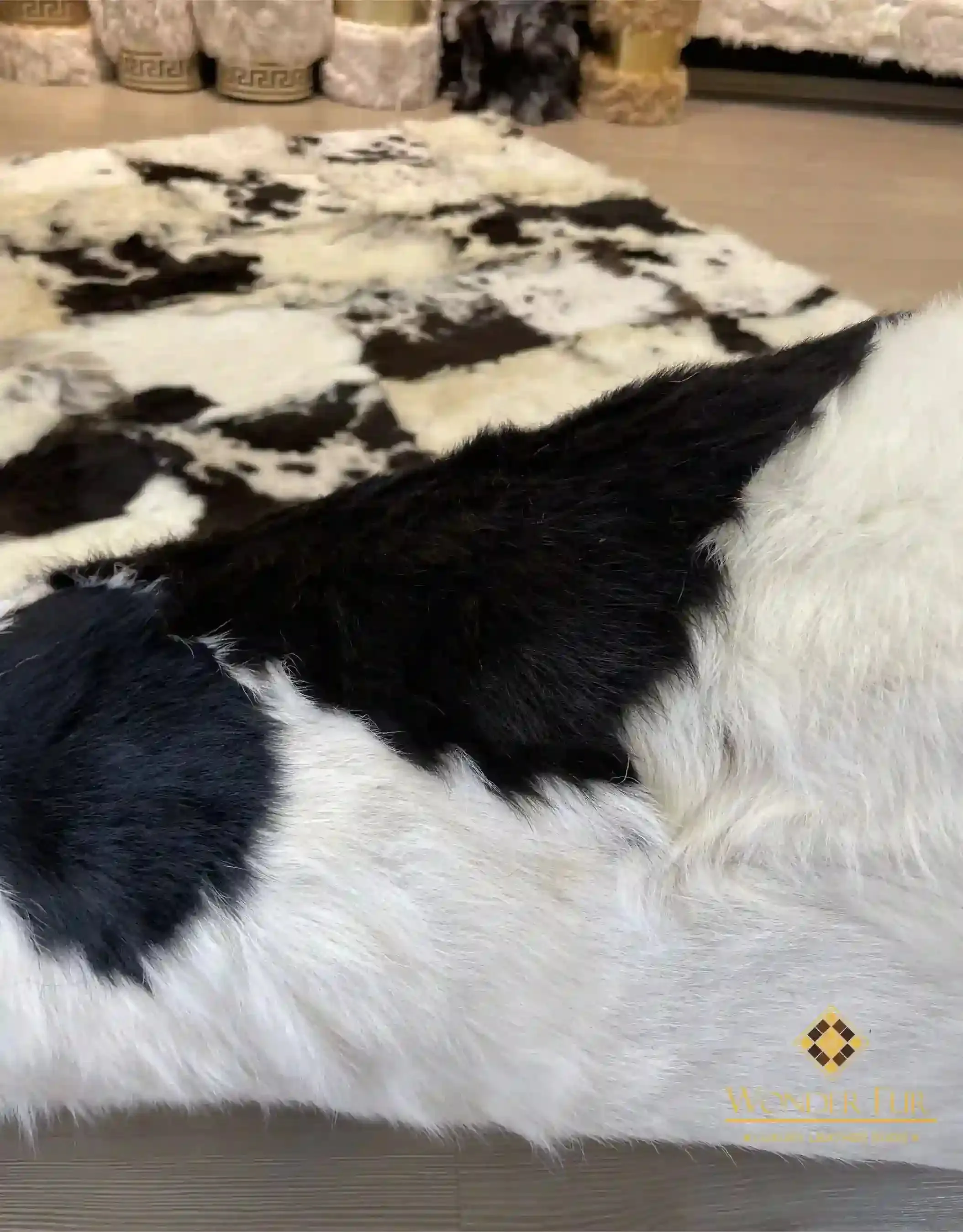 Unique Handmade Black White Natural Sheepskin, Office Soft Fluffy Rug