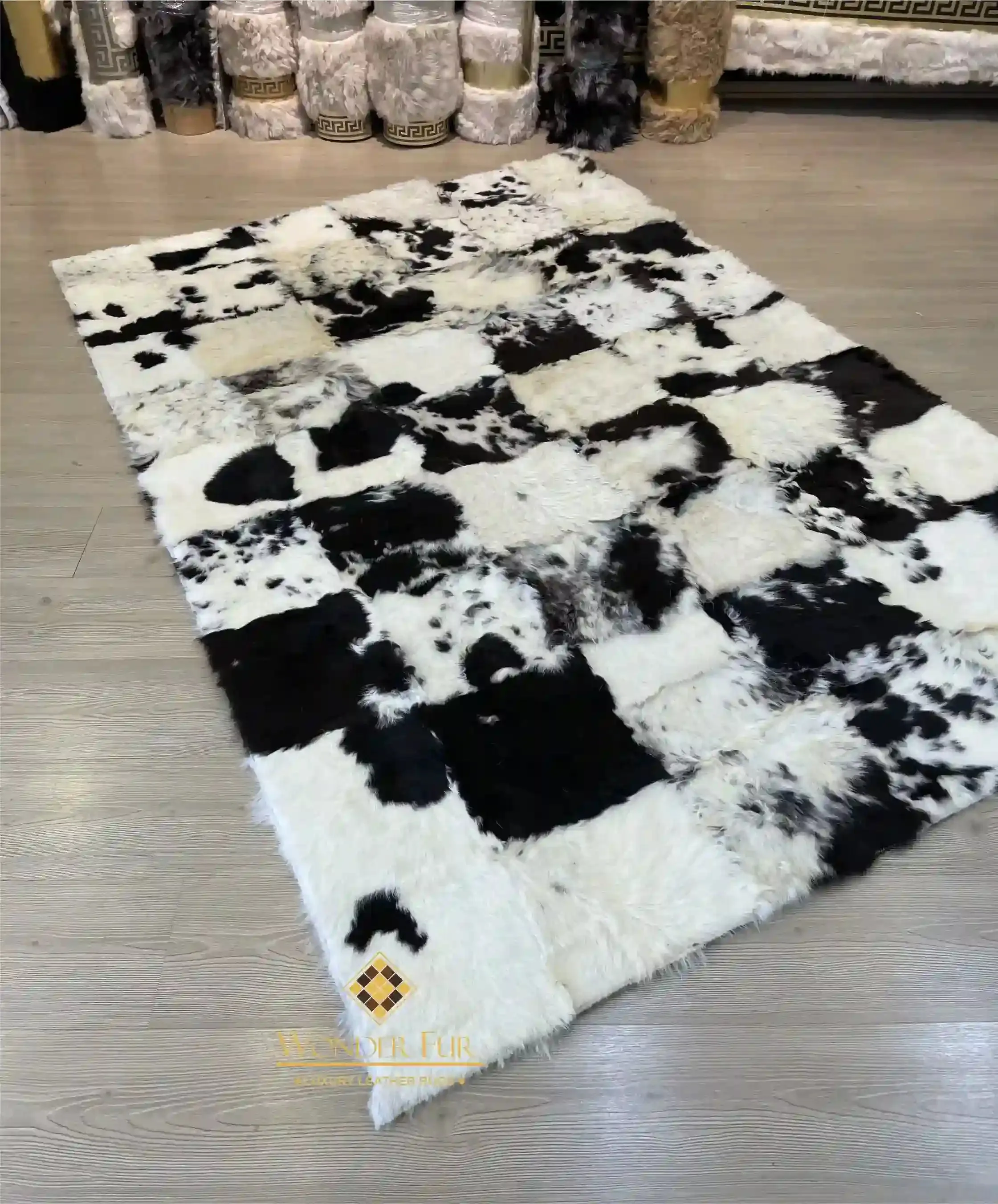 Unique Handmade Black White Natural Sheepskin, Office Soft Fluffy Rug