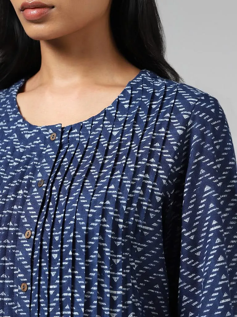 Utsa Indigo Chevron Striped Pin-tucked Kurti