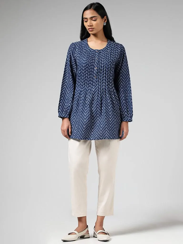 Utsa Indigo Chevron Striped Pin-tucked Kurti