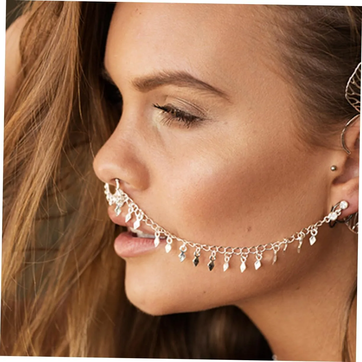 VALICLUD 2pcs Ear Rings Ear Nose Studs Chain Hook Earrings Tassel Nose Rings Nose Ring Chain Ear to Nose Chain